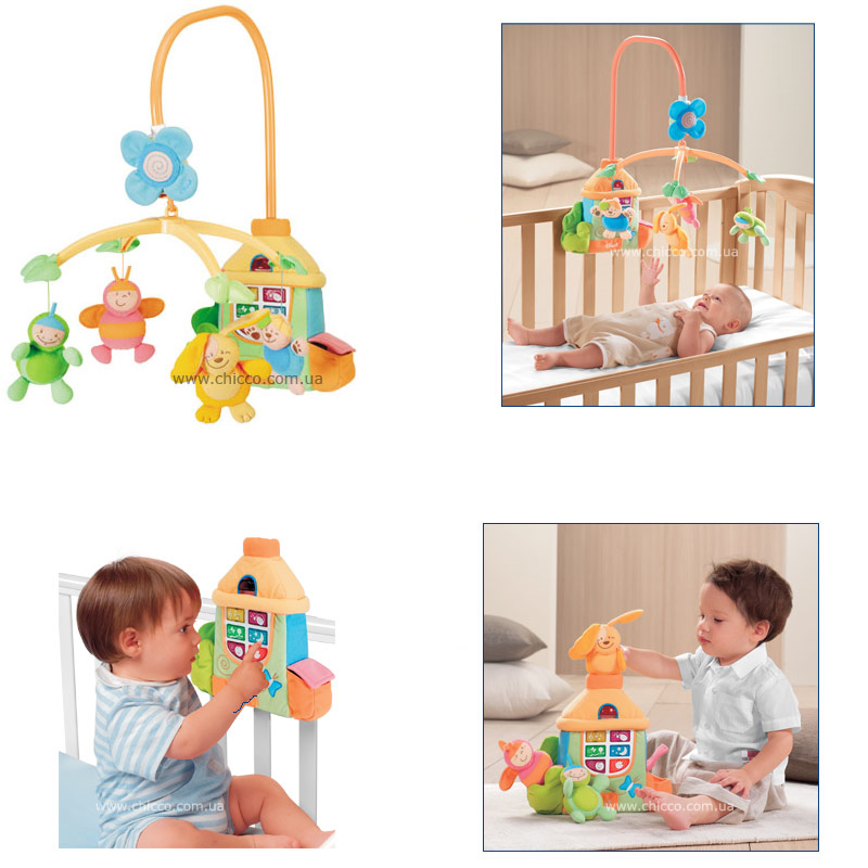 Музыкальная карусель мобиль на кроватку "Нежные мелодии" (сладкие мечты) Chicco с пультом ДУ и мягкими игрушками 3в1